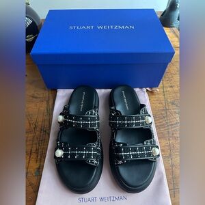 Stuart Weitzman Goldie Pearl Tweed Women's Black Sandals Sport Slide